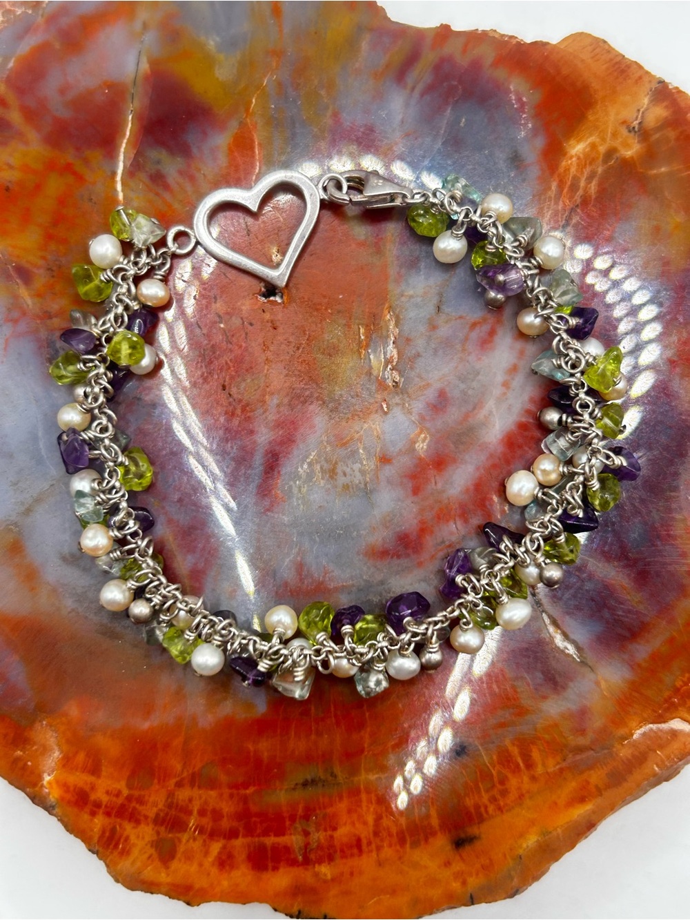 Sterling Silver Gemstone Heart Bracelet - 7 inches